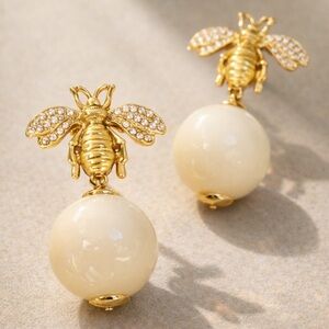 Gold Bee Pearl Drop Earrings | Honey Bee Style